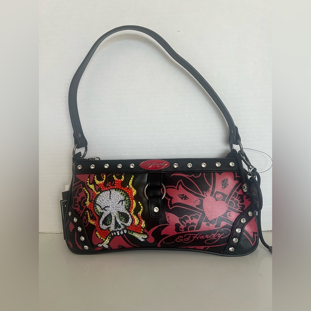 Ed Hardy Rhinestone Detailed Shoulder Bag with a Flame Covered Skull New!